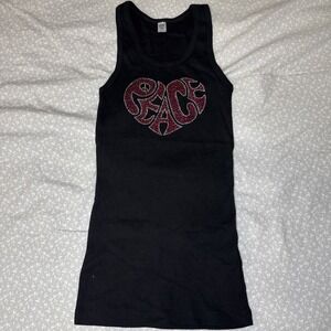 Black Ribbed Tank Top Pink Rhinestone Heart Monogram - Size M |